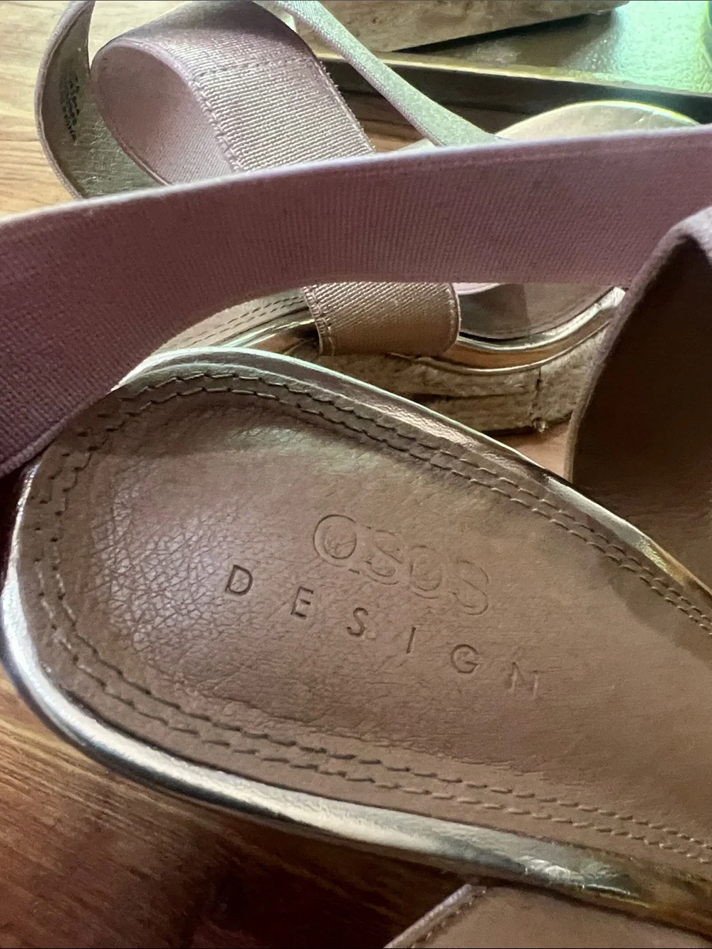 ASOS Women’s Pink Rose Gold Metallic Wedge Sandals with Strappy Elastic Upper
